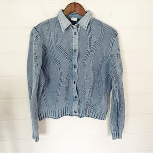 EUC Vintage Blue Willi’s Denmark Cable Knit Jacket Sweater Denim Snap Front L